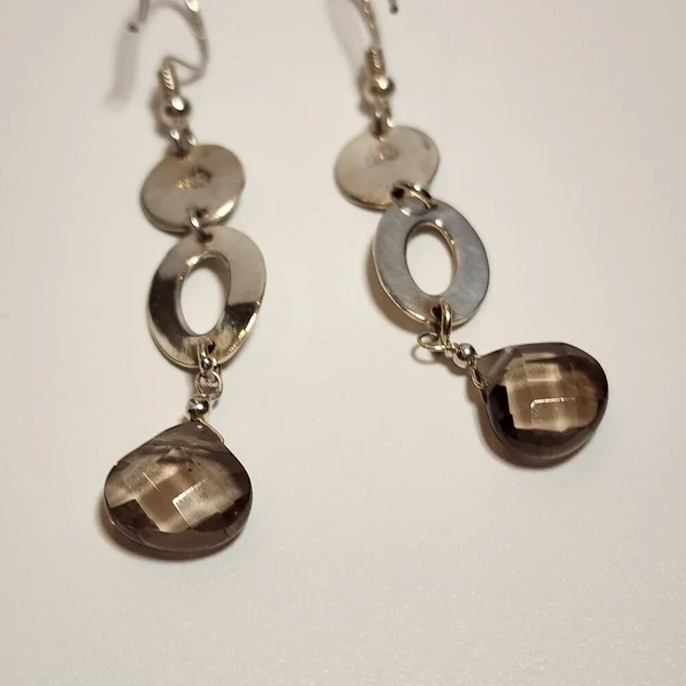 925 Silver Hammered Smokey Quartz Dangle Earrings